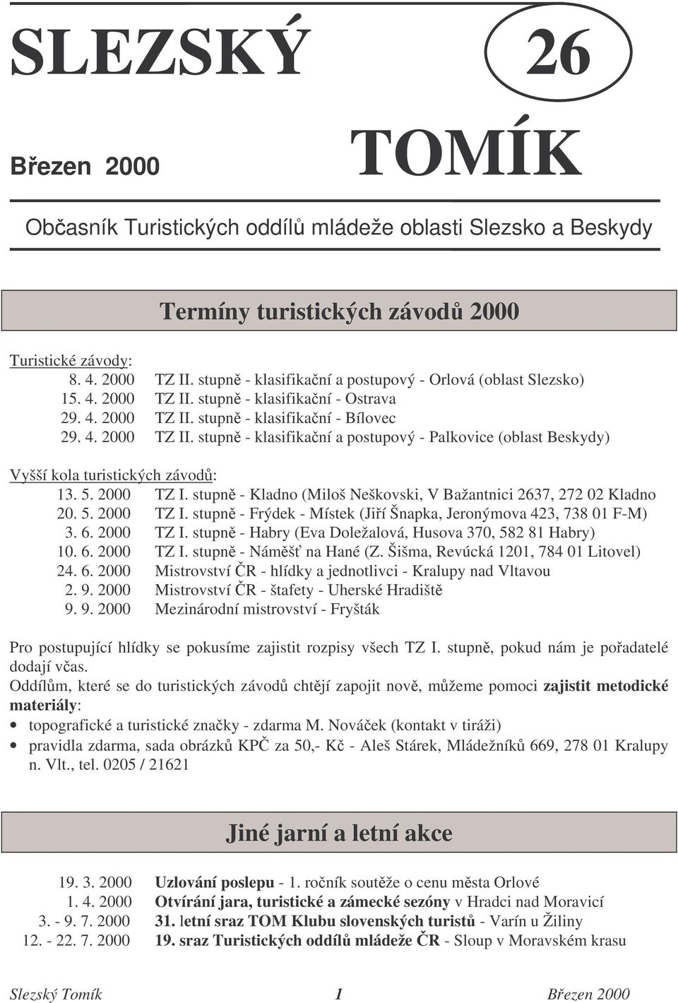 5. 2000 TZ I. stupn - Kladno (Miloš Neškovski, V Bažantnici 2637, 272 02 Kladno 20. 5. 2000 TZ I. stupn - Frýdek - Místek (Jií Šnapka, Jeronýmova 423, 738 01 F-M) 3. 6. 2000 TZ I. stupn - Habry (Eva Doležalová, Husova 370, 582 81 Habry) 10.