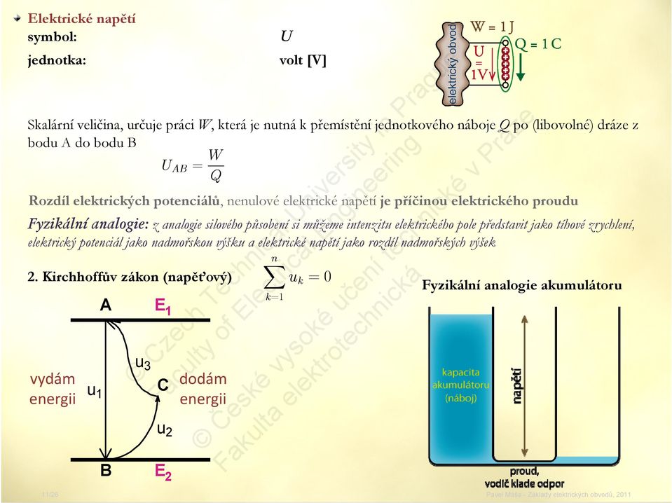 silového působení si můžeme intenzitu elektrického pole představit jako tíhové zrychlení, elektrický potenciál jako nadmořskou výšku a elektrické napětí jako