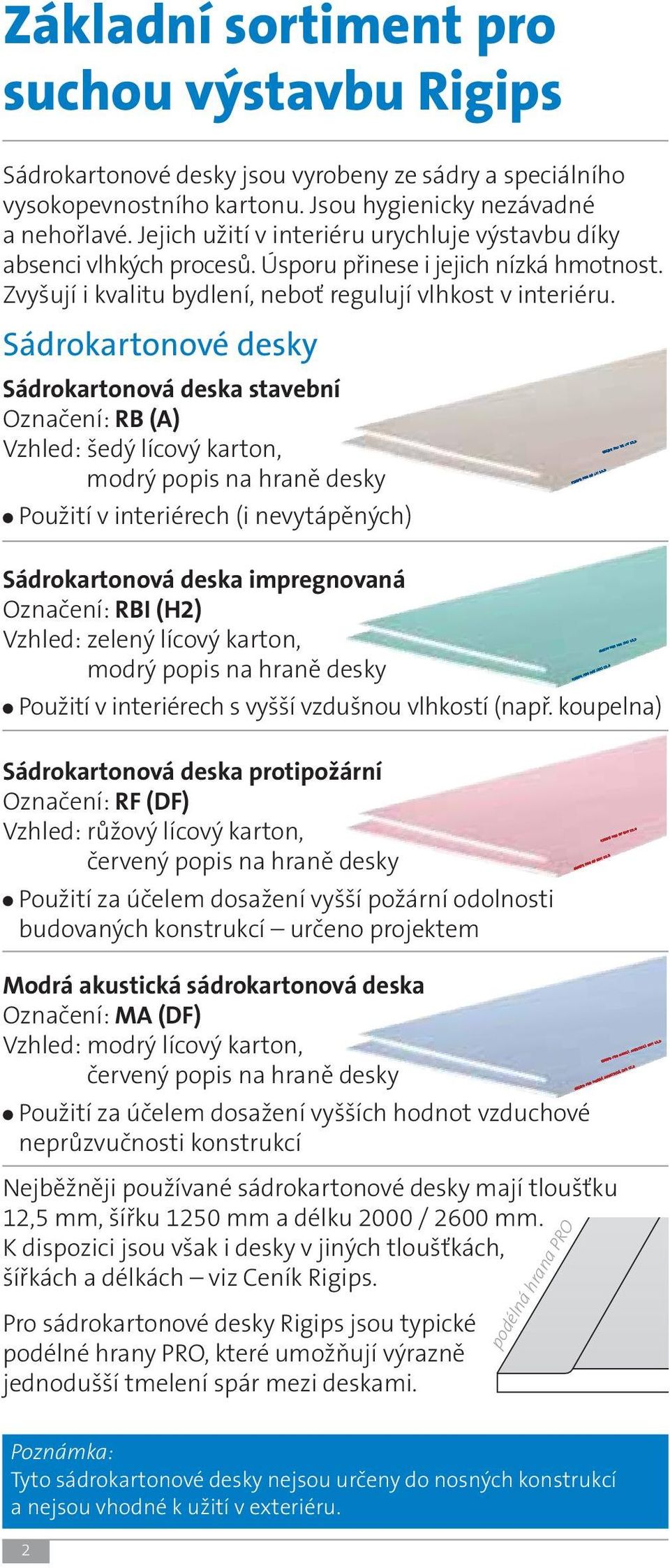 Sádrokartonové desky Sádrokartonová deska stavební Označení: RB (A) Vzhled: šedý lícový karton, modrý popis na hraně desky Použití v interiérech (i nevytápěných) Sádrokartonová deska impregnovaná