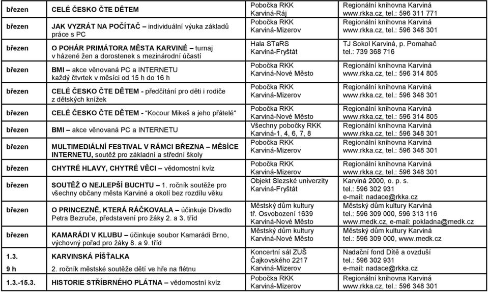 DĚTEM - předčítání pro děti i rodiče z dětských knížek CELÉ ČESKO ČTE DĚTEM - Kocour Mikeš a jeho přátelé BMI akce věnovaná PC a INTERNETU MULTIMEDIÁLNÍ FESTIVAL V RÁMCI BŘEZNA MĚSÍCE INTERNETU,