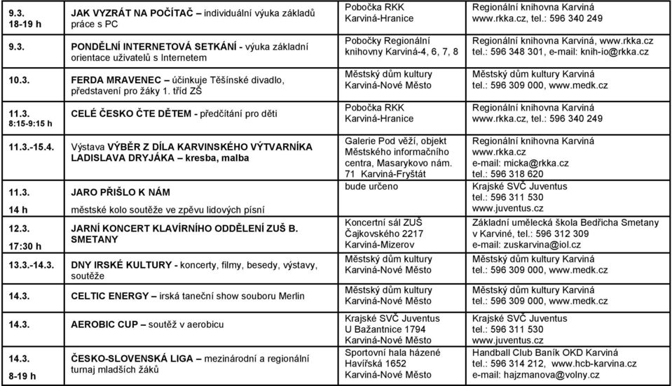 SMETANY 13.3.-14.3. DNY IRSKÉ KULTURY - koncerty, filmy, besedy, výstavy, soutěže 14.3. CELTIC ENERGY irská taneční show souboru Merlin 14.3. AEROBIC CUP soutěž v aerobicu 14.3. 8-19 h ČESKO-SLOVENSKÁ LIGA mezinárodní a regionální turnaj mladších žáků knihovny Karviná-4, 6, 7, 8 Galerie Pod věží, objekt Městského informačního centra, Masarykovo nám.