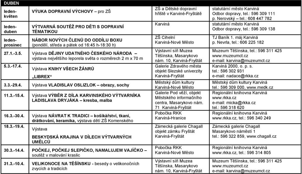 3.-15.4. Výstava VÝBĚR Z DÍLA KARVINSKÉHO VÝTVARNÍKA LADISLAVA DRYJÁKA kresba, malba 16.3.-30.4. Výstava NÁVRAT K TRADICI košíkářství, tkaní, drátkování, keramika, výstava dětí ZŠ Komenského 18.3.-19.