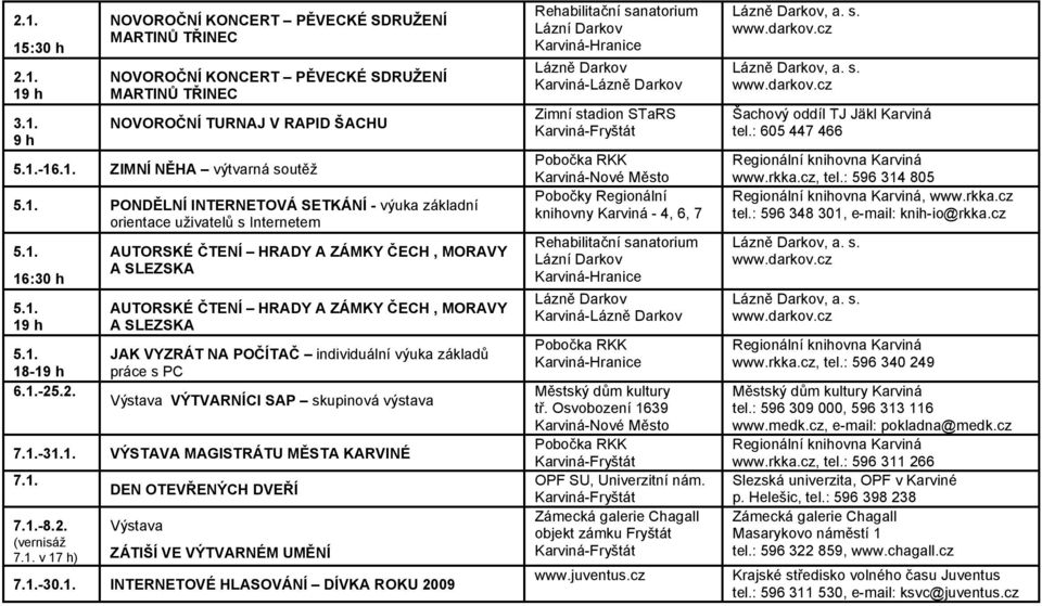 .2. AUTORSKÉ ČTENÍ HRADY A ZÁMKY ČECH, MORAVY A SLEZSKA AUTORSKÉ ČTENÍ HRADY A ZÁMKY ČECH, MORAVY A SLEZSKA Výstava VÝTVARNÍCI SAP skupinová výstava 7.1.-31.1. VÝSTAVA MAGISTRÁTU MĚSTA KARVINÉ 7.1. 7.1.-8.