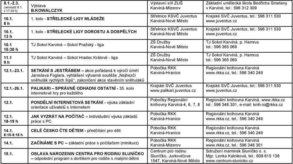 .1.-23.1. SETKÁNÍ S JESTŘÁBEM akce pořádaná k výročí úmrtí Jaroslava Foglara, vyhlášení výtvarné soutěže Nejhezčí sněhulák rychlých šípů, zakončení akce stavěním sněhuláků 12.1.-26.1. PALIKARI SPRÁVNĚ ODHADNI OSTATNÍ - 35.