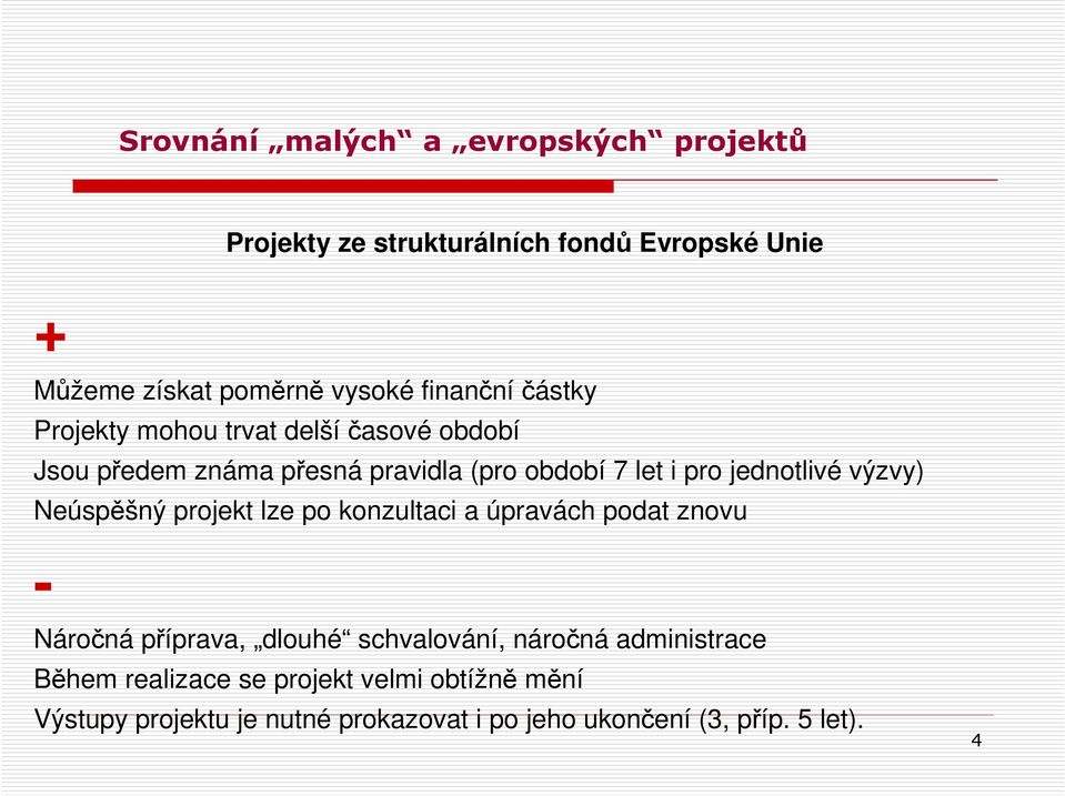 jednotlivé výzvy) Neúspěšný projekt lze po konzultaci a úpravách podat znovu - Náročná příprava, dlouhé schvalování,