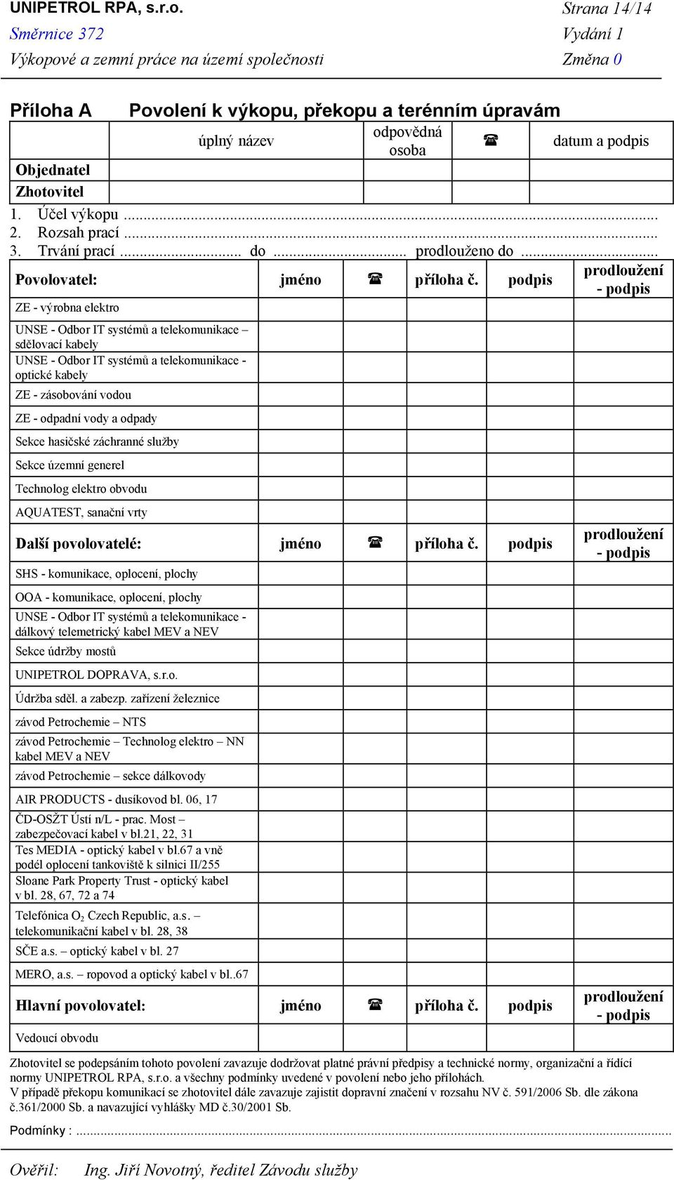podpis prodloužení - podpis ZE - výrobna elektro UNSE - Odbor IT systémů a telekomunikace sdělovací kabely UNSE - Odbor IT systémů a telekomunikace - optické kabely ZE - zásobování vodou ZE - odpadní