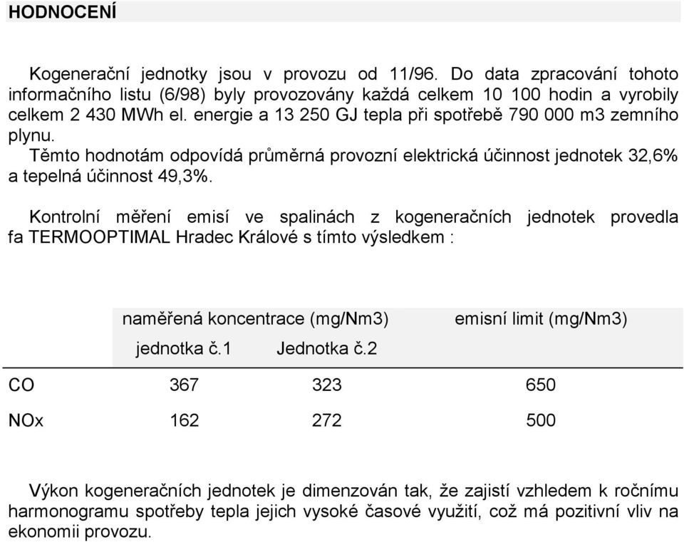 Kontrolní měření emisí ve spalinách z kogeneračních jednotek provedla fa TERMOOPTIMAL Hradec Králové s tímto výsledkem : naměřená koncentrace (mg/nm3) jednotka č.1 Jednotka č.