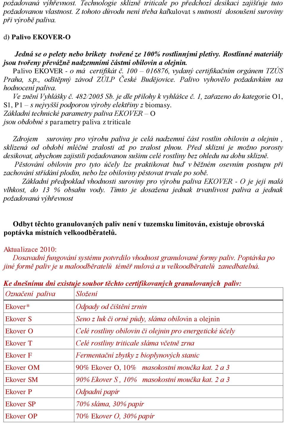 Palivo EKOVER - o má certifikát č. 100 016876, vydaný certifikačním orgánem TZÚS Praha, s.p., odštěpný závod ZÚLP České Budějovice. Palivo vyhovělo požadavkům na hodnocení paliva. Ve znění Vyhlášky č.