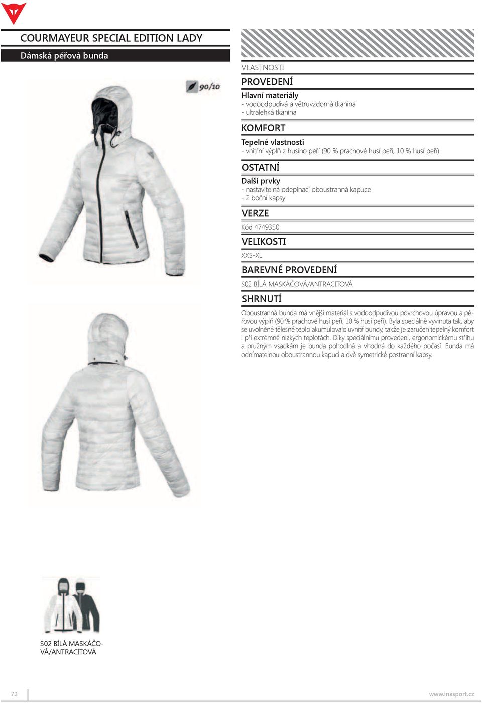 feathers) Tepelné Others vlastnosti General Další prvky - nastavitelná odepínací oboustranná kapuce - 2 boční kapsy Kód 4749350 XXS-XL - water-repellent and wind-repellent fabric Code 4749350 XXS-XL