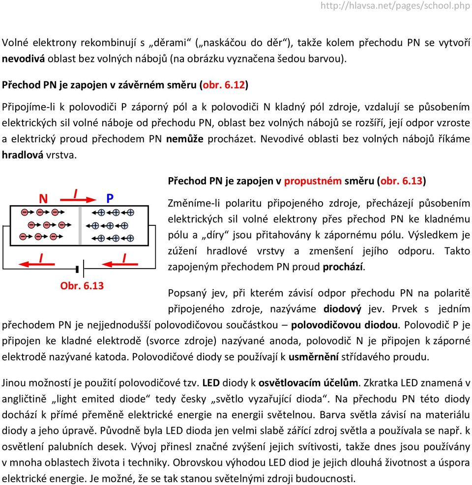 12) Připojíme-li k polovodiči P záporný pól a k polovodiči N kladný pól zdroje, vzdalují se působením elektrických sil volné náboje od přechodu PN, oblast bez volných nábojů se rozšíří, její odpor