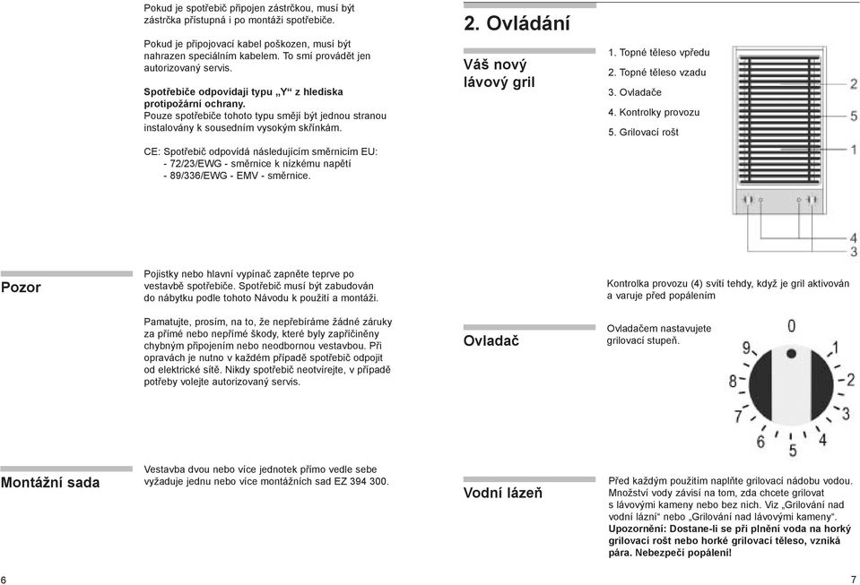 CE: Spotřebič odpovídá následujícím směrnicím EU: - 72/23/EWG - směrnice k nízkému napětí - 89/336/EWG - EMV - směrnice. 2. Ovládání Váš nový lávový gril 1. Topné těleso vpředu 2.