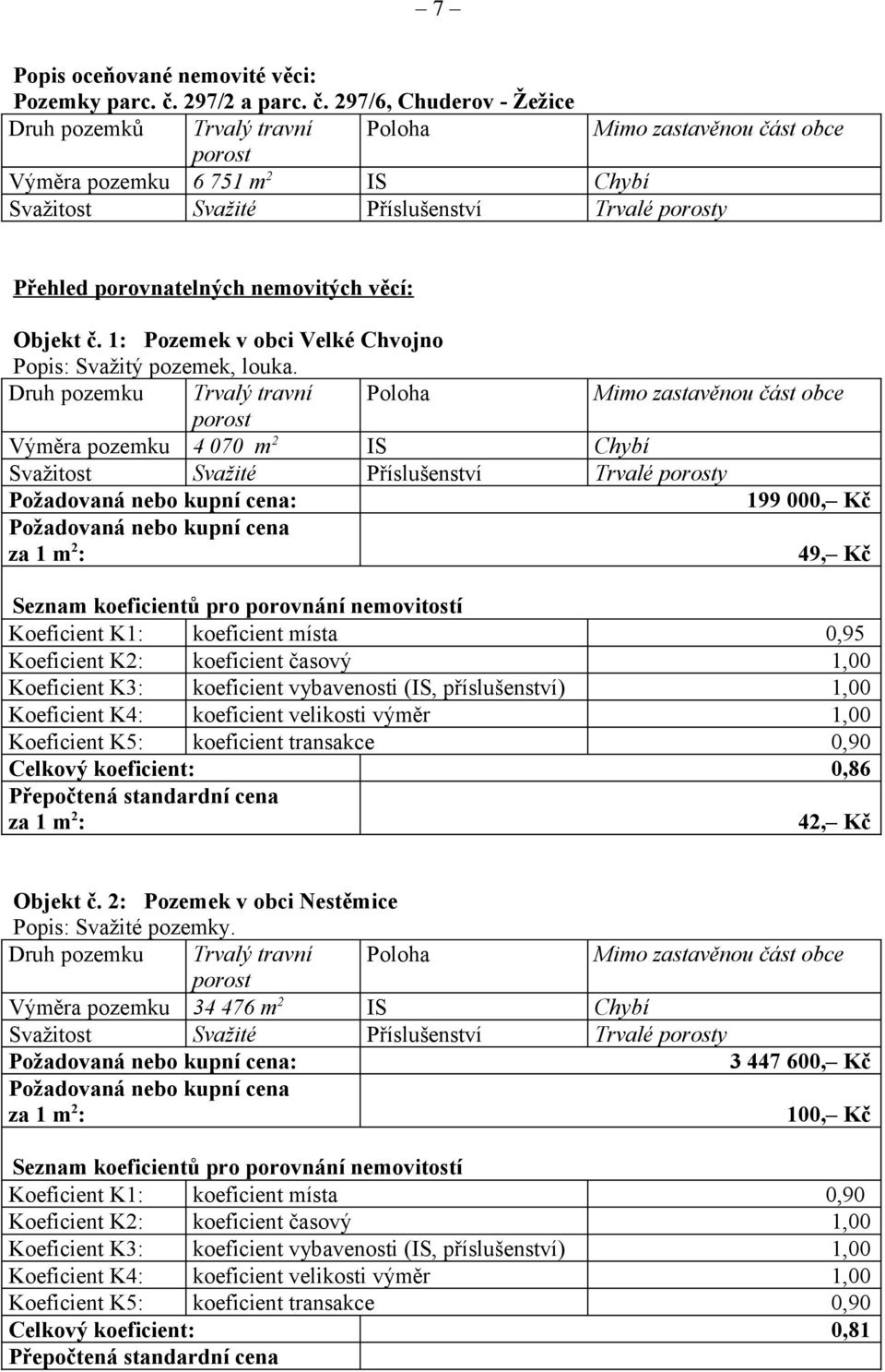 297/6, Chuderov - Žežice Druh pozemků Trvalý travní Poloha Mimo zastavěnou část obce porost Výměra pozemku 6 751 m2 IS Chybí Svažitost Svažité Příslušenství Trvalé porosty Přehled porovnatelných