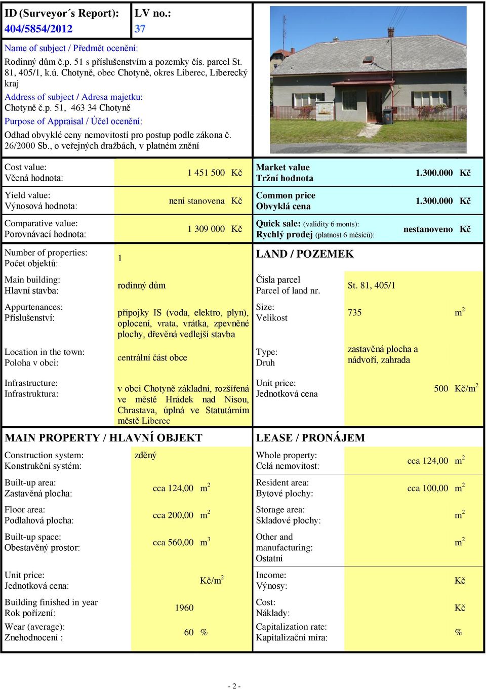 51, 463 34 Chotyně Purpose of Appraisal / Účel ocenění: Odhad obvyklé ceny nemovitostí pro postup podle zákona č. 26/2000 Sb.