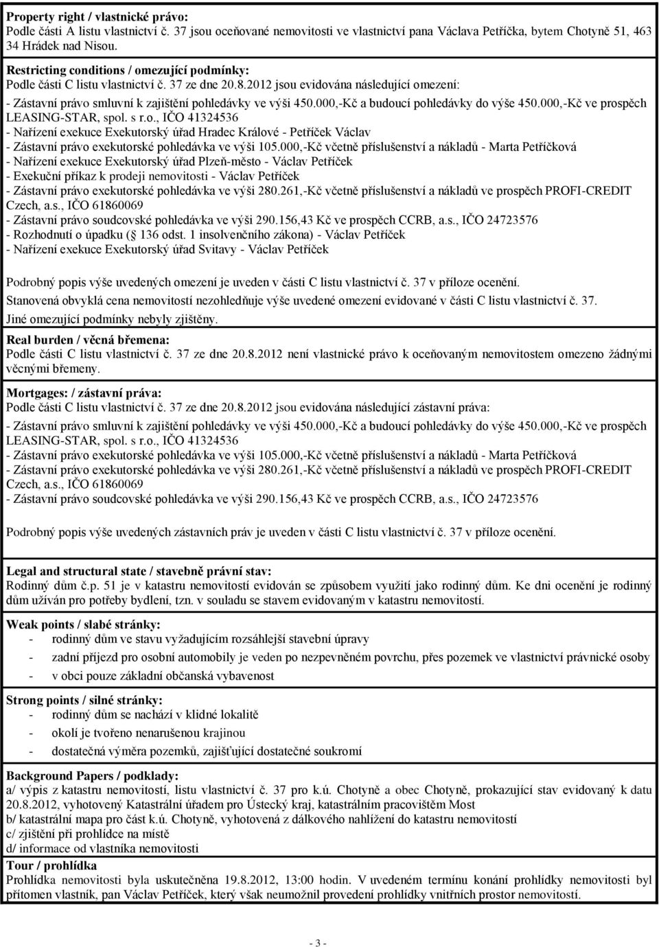 000,-Kč a budoucí pohledávky do výše 450.000,-Kč ve prospěch LEASING-STAR, spol. s r.o., IČO 41324536 - Nařízení exekuce Exekutorský úřad Hradec Králové - Petříček Václav - Zástavní právo exekutorské pohledávka ve výši 105.