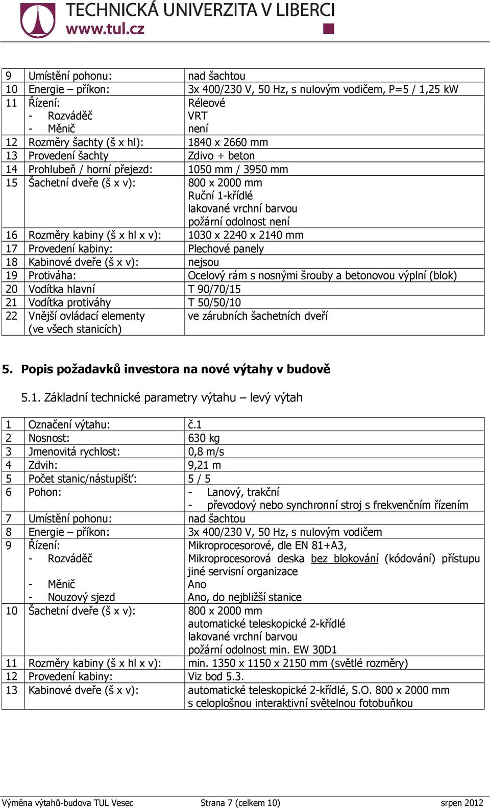 (š x hl x v): 1030 x 2240 x 2140 mm 17 Provedení kabiny: Plechové panely 18 Kabinové dveře (š x v): nejsou 19 Protiváha: Ocelový rám s nosnými šrouby a betonovou výplní (blok) 20 Vodítka hlavní T