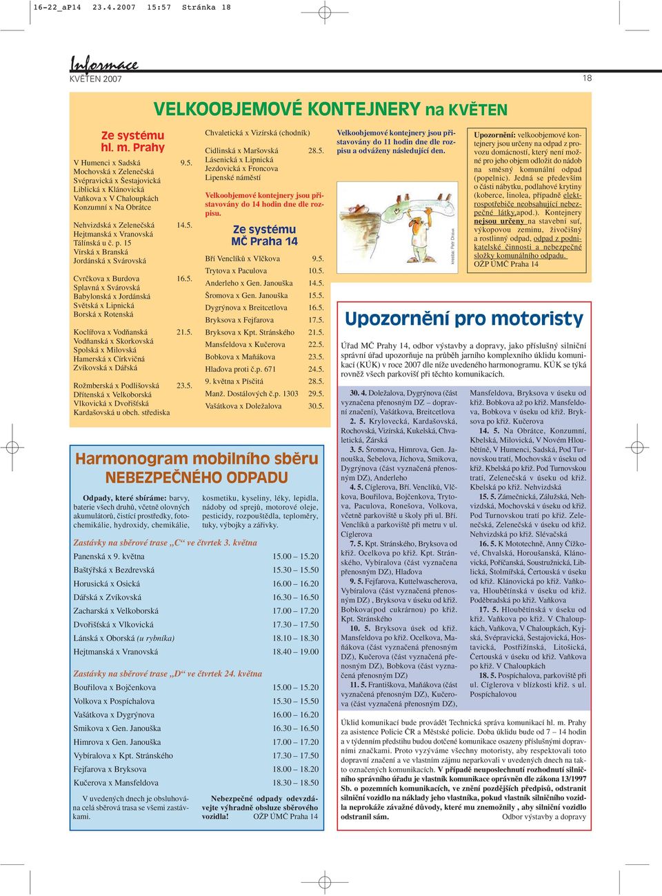 5. VodÀanská x Skorkovská Spolská x Milovská Hamerská x Církviãná Zvíkovská x Dáfiská RoÏmberská x Podli ovská 23.5. Dfiítenská x Velkoborská Vlkovická x Dvofii Èská Karda ovská u obch.