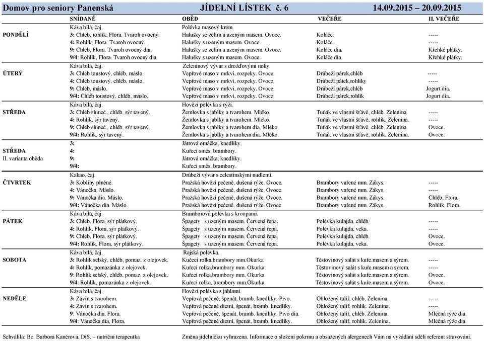 9/4: Rohlík, Flora. Tvaroh ovocný dia. Halušky s uzeným masem. Ovoce. Koláče dia. Křehké plátky. Zeleninový vývar s drožďovými noky. ÚTERÝ 3: Chléb toustový, chléb, máslo.