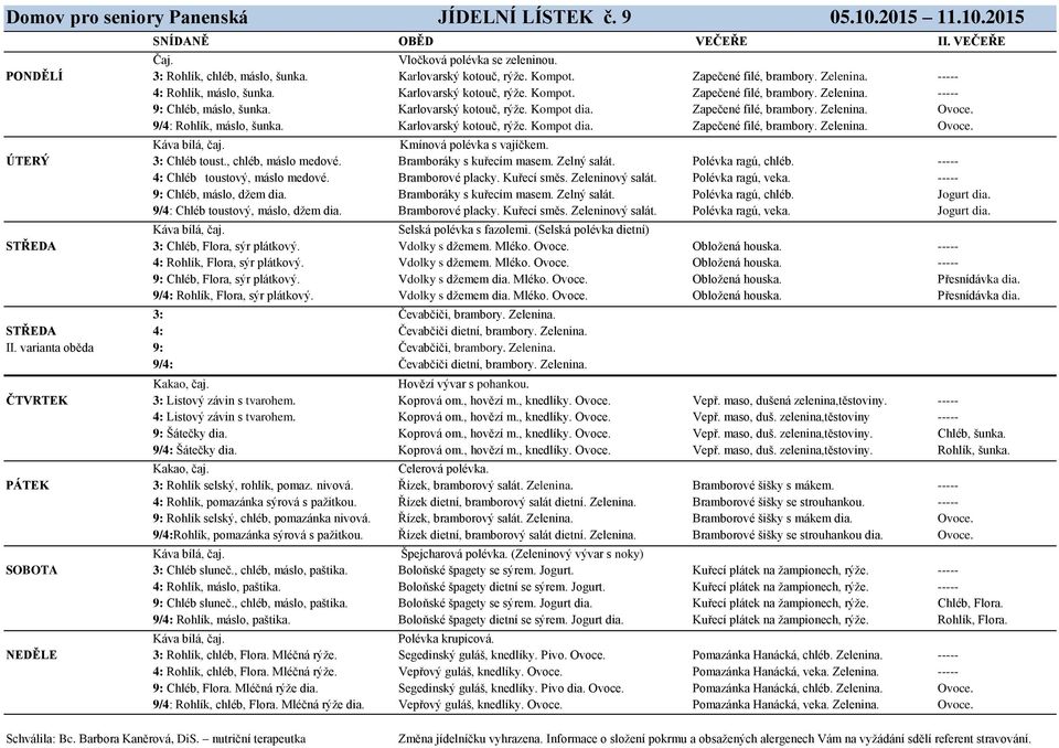 Zapečené filé, brambory. Zelenina. Ovoce. 9/4: Rohlík, máslo, šunka. Karlovarský kotouč, rýže. Kompot dia. Zapečené filé, brambory. Zelenina. Ovoce. Kmínová polévka s vajíčkem. ÚTERÝ 3: Chléb toust.