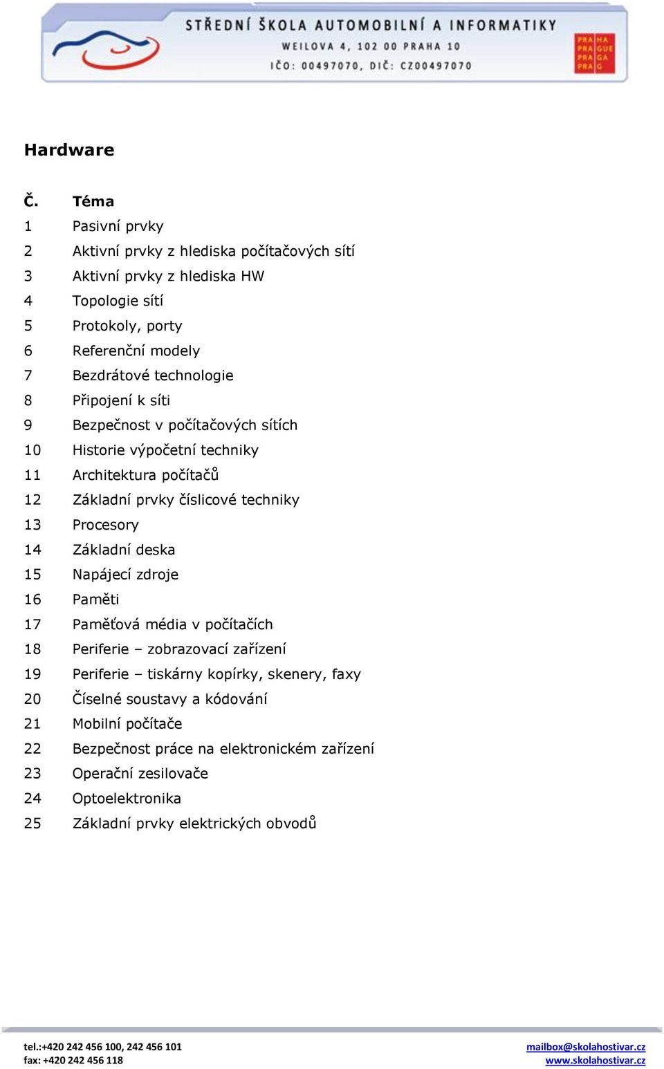 Procesory 14 Základní deska 15 Napájecí zdroje 16 Paměti 17 Paměťová média v počítačích 18 Periferie zobrazovací zařízení 19 Periferie tiskárny kopírky, skenery, faxy