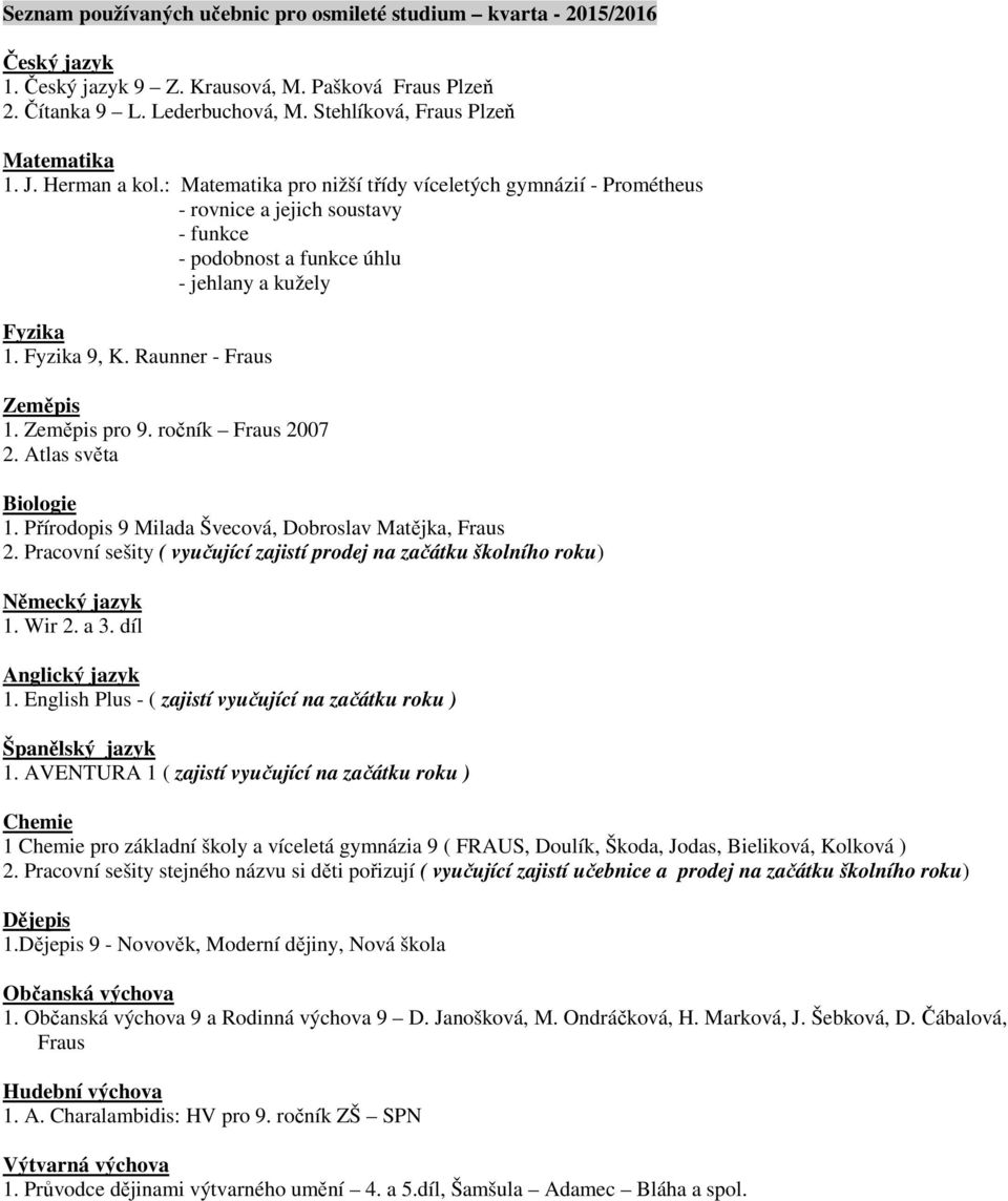 : Matematika pro nižší třídy víceletých gymnázií - Prométheus - rovnice a jejich soustavy - funkce - podobnost a funkce úhlu - jehlany a kužely Fyzika 1. Fyzika 9, K. Raunner - Fraus Zeměpis 1.