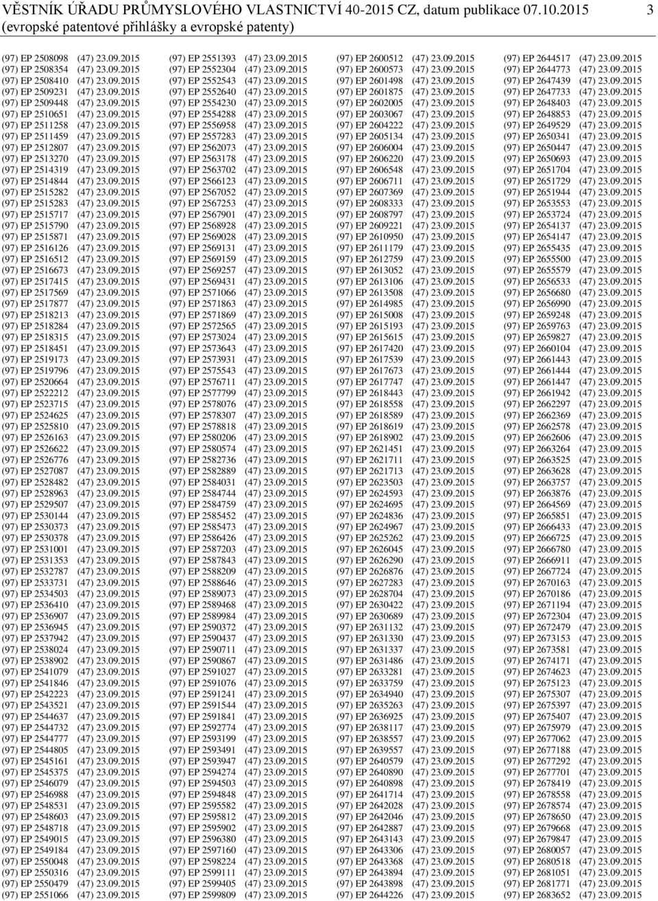 09.2015 (97) EP 2514319 (47) 23.09.2015 (97) EP 2514844 (47) 23.09.2015 (97) EP 2515282 (47) 23.09.2015 (97) EP 2515283 (47) 23.09.2015 (97) EP 2515717 (47) 23.09.2015 (97) EP 2515790 (47) 23.09.2015 (97) EP 2515871 (47) 23.