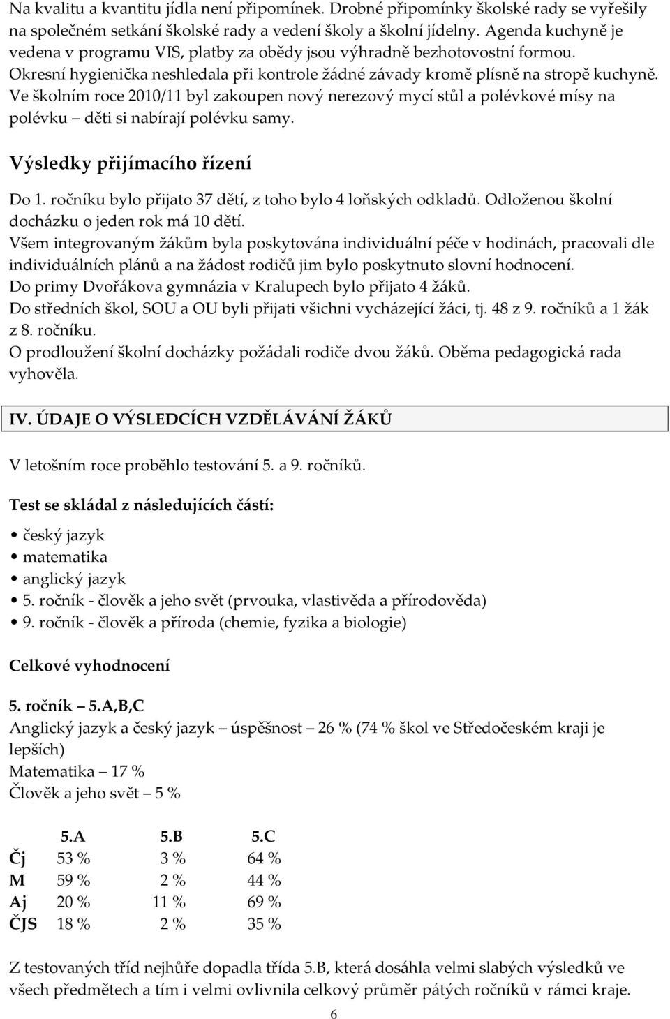 Ve školním roce 2010/11 byl zakoupen nový nerezový mycí stůl a polévkové mísy na polévku děti si nabírají polévku samy. Výsledky přijímacího řízení Do 1.