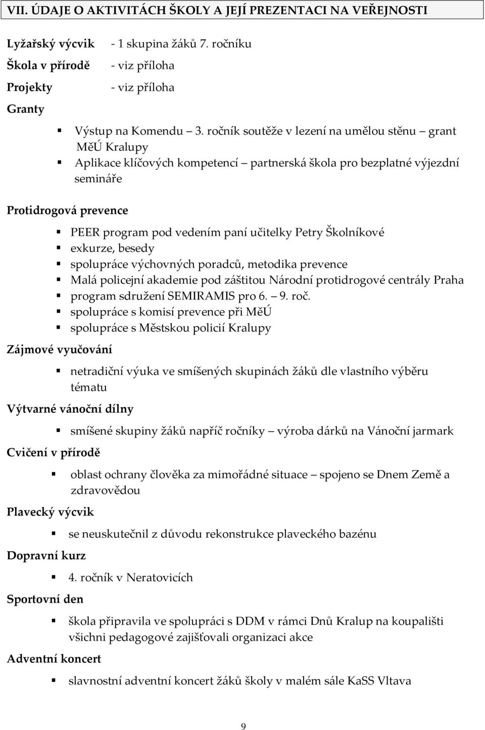 Petry Školníkové exkurze, besedy spolupráce výchovných poradců, metodika prevence Malá policejní akademie pod záštitou Národní protidrogové centrály Praha program sdružení SEMIRAMIS pro 6. 9. roč.