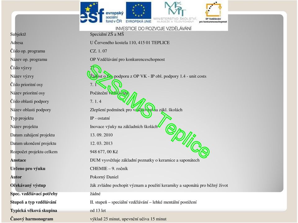 školách Typ projektu IP - ostatní Název projektu Inovace výuky na základních školách Datum zahájení projektu 13. 09. 2010 Datum ukončení projektu 12. 03.