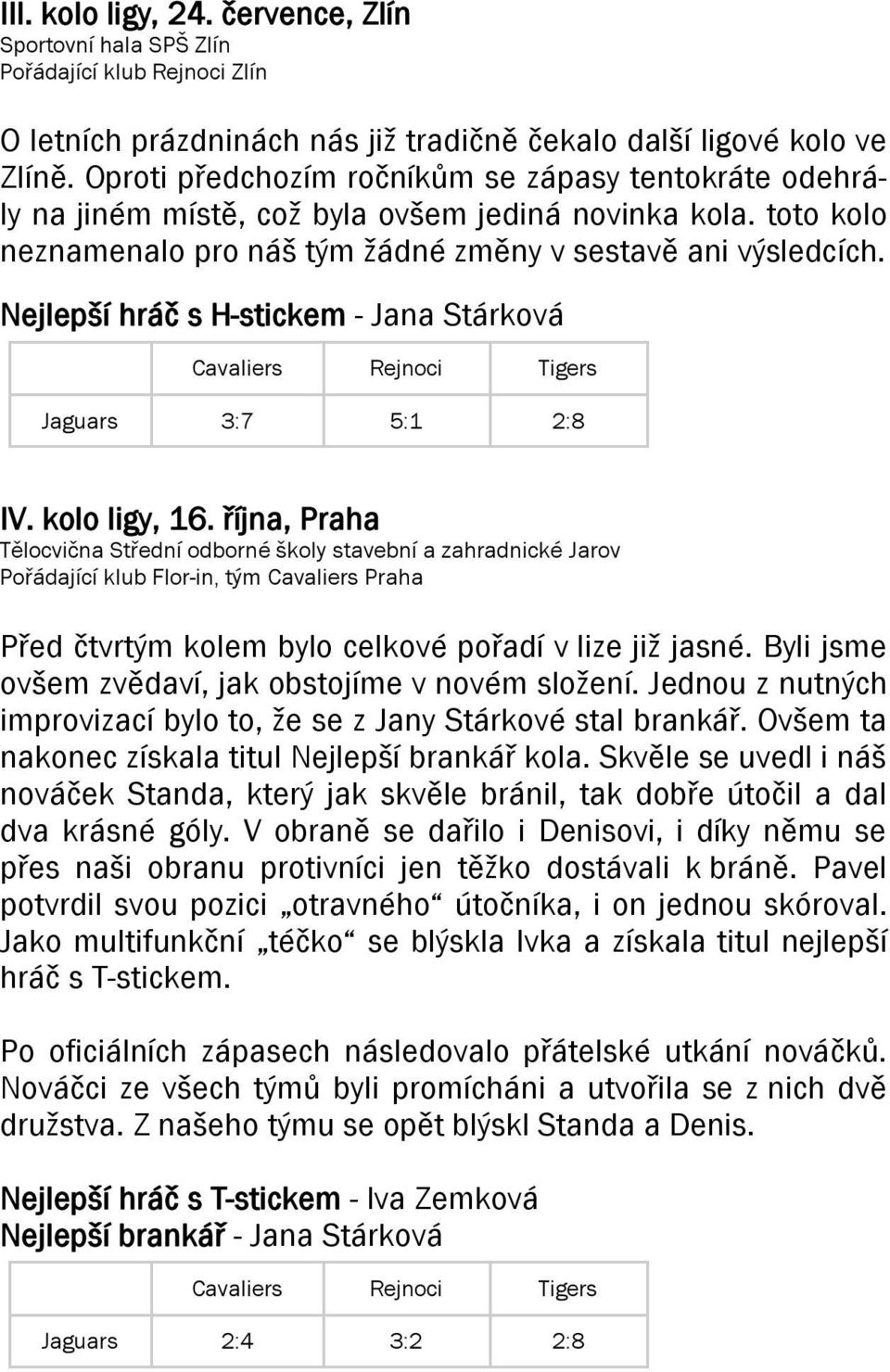 Nejlepší hráč s H-stickem - Jana Stárková Cavaliers Rejnoci Tigers Jaguars 3:7 5:1 2:8 IV. kolo ligy, 16.