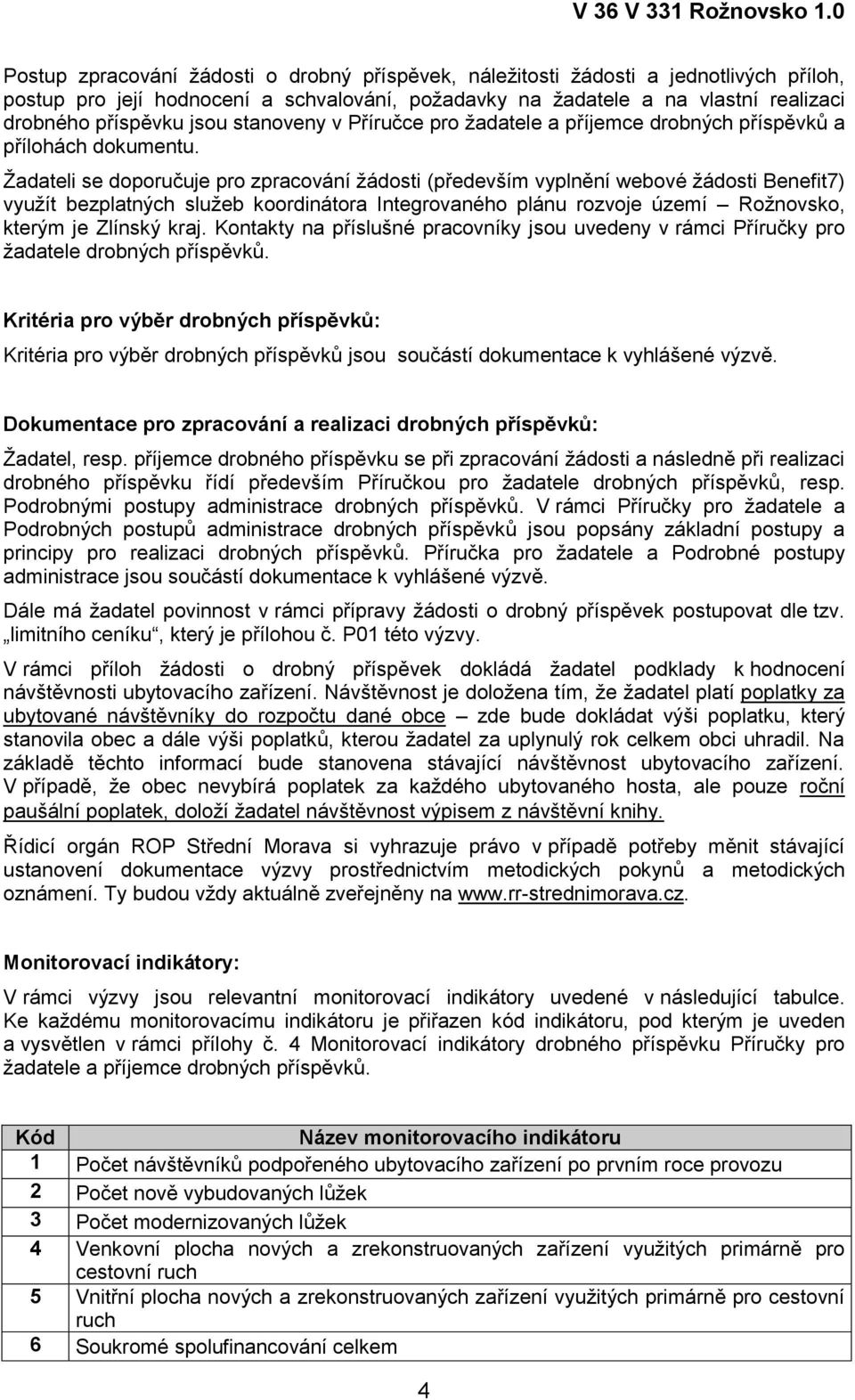 Žadateli se doporučuje pro zpracování žádosti (především vyplnění webové žádosti Benefit7) využít bezplatných služeb koordinátora Integrovaného plánu rozvoje území Rožnovsko, kterým je Zlínský kraj.