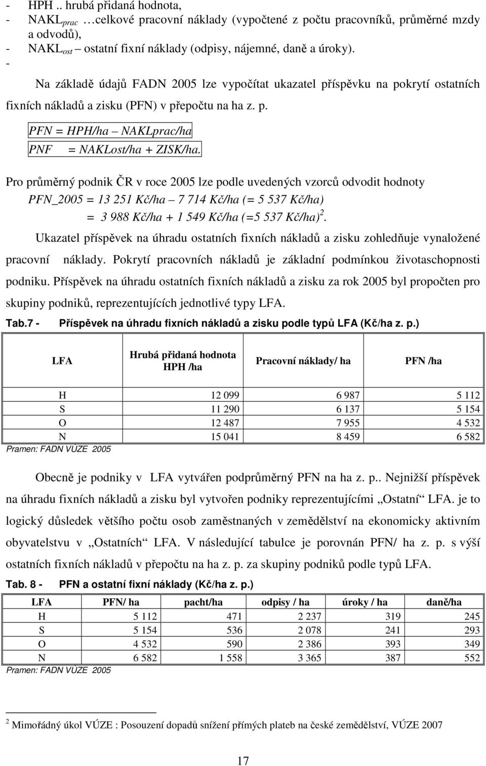 Pro průměrný podnik ČR v roce 2005 lze podle uvedených vzorců odvodit hodnoty PFN_2005 = 13 251 Kč/ha 7 714 Kč/ha (= 5 537 Kč/ha) = 3 988 Kč/ha + 1 549 Kč/ha (=5 537 Kč/ha) 2.