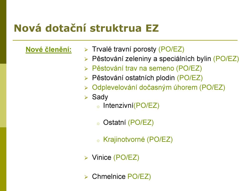 ostatních plodin (PO/EZ) Odplevelování dočasným úhorem (PO/EZ) Sady o