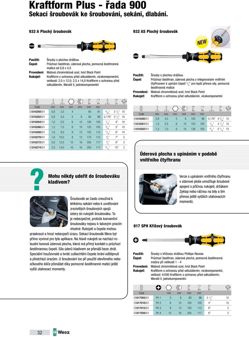 odkutálením, vícekomponentní, velikosti: 2,0 x 12,0; 2,5 x 14,0 Kraftform s ochranou před odkutálením, Weralit II, jednokomponentní Použití: Šrouby s plochou drážkou Čepel: Průchozí šestihran,