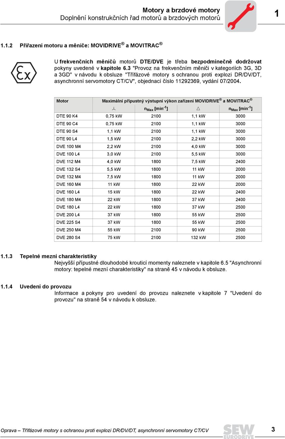 3 "Provoz na frekvenčním měniči v kategoriích 3G, 3D a 3GD" v návodu k obsluze "Třífázové motory s ochranou proti explozi DR/DV/DT, asynchronní servomotory CT/CV", objednací číslo 11292369, vydání