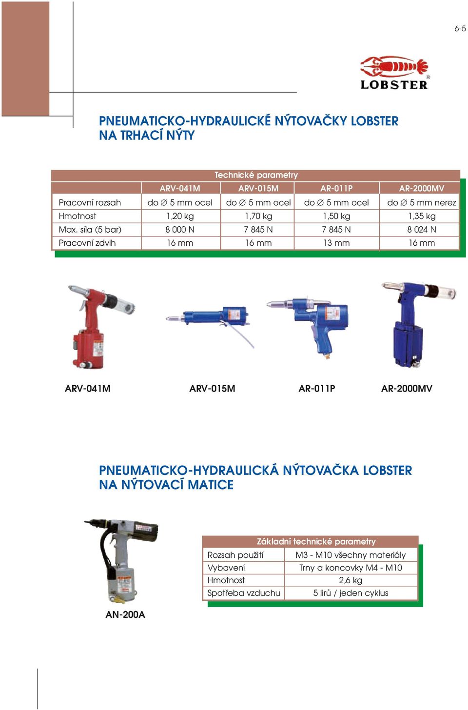 síla (5 bar) 8 000 N 7 845 N 7 845 N 8 024 N Pracovní zdvih 16 mm 16 mm 13 mm 16 mm ARV-041M ARV-015M AR-011P AR-2000MV PNEUMATICKO-HYDRAULICKÁ