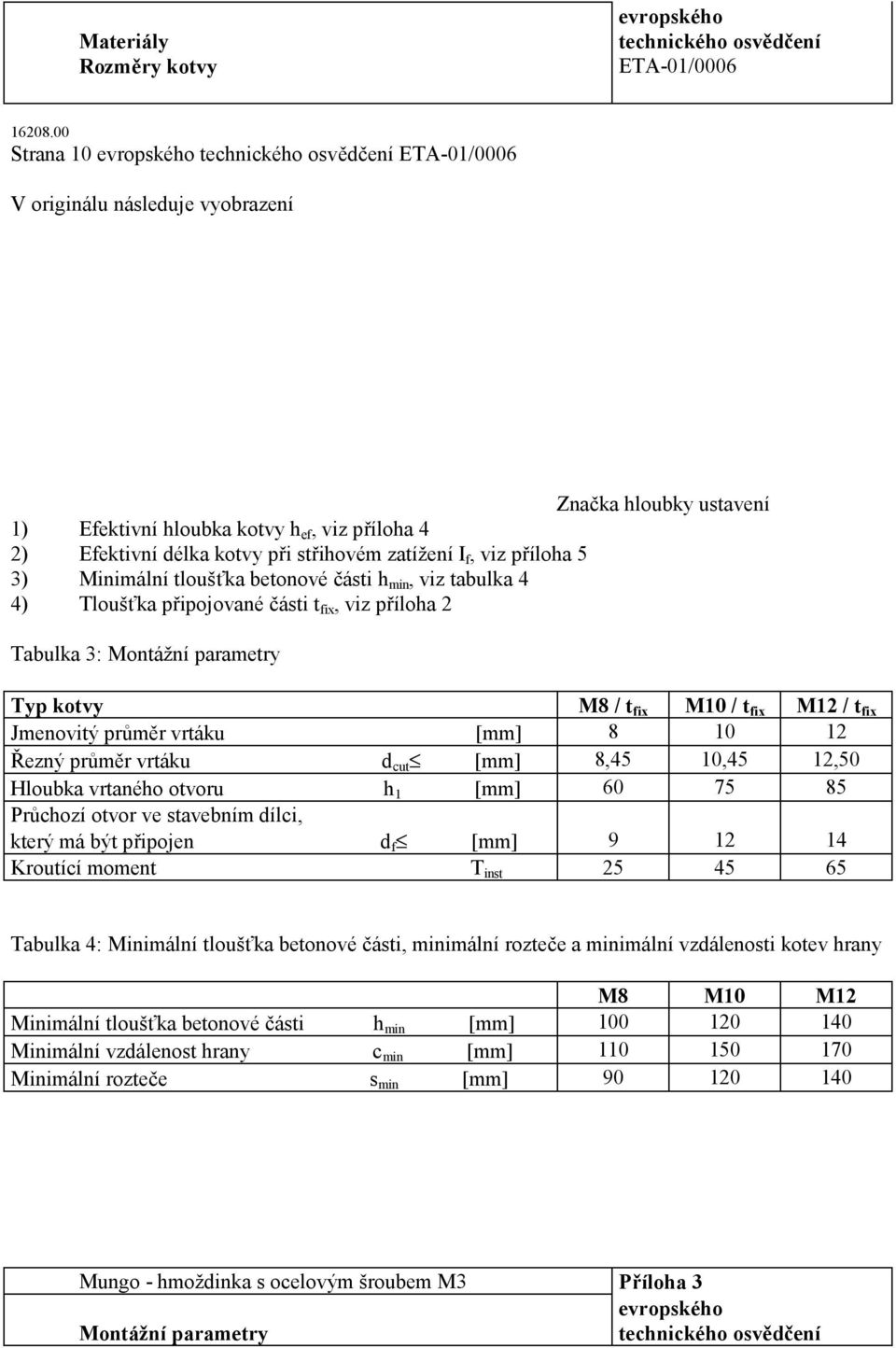 střihovém zatížení I f, viz příloha 5 3) Minimální tloušťka betonové části h min, viz tabulka 4 4) Tloušťka připojované části t fix, viz příloha 2 Tabulka 3: Montážní parametry Typ kotvy M8 / t fix