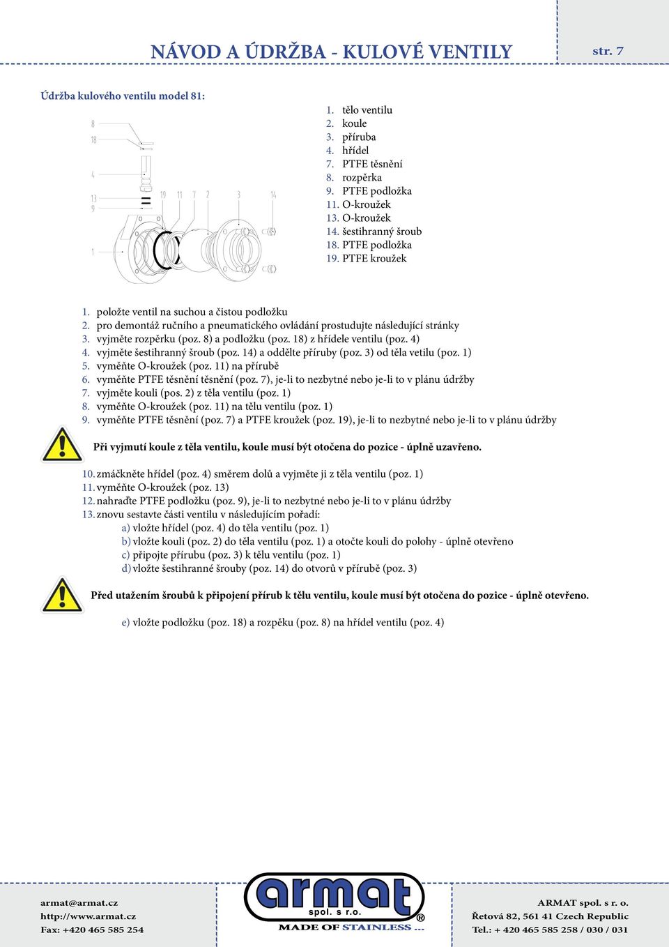 18) z hřídele ventilu (poz. 4) vyjměte šestihranný šroub (poz. 14) a oddělte příruby (poz. 3) od těla vetilu (poz. 1) vyměňte O-kroužek (poz. 11) na přírubě vyměňte PTFE těsnění těsnění (poz.