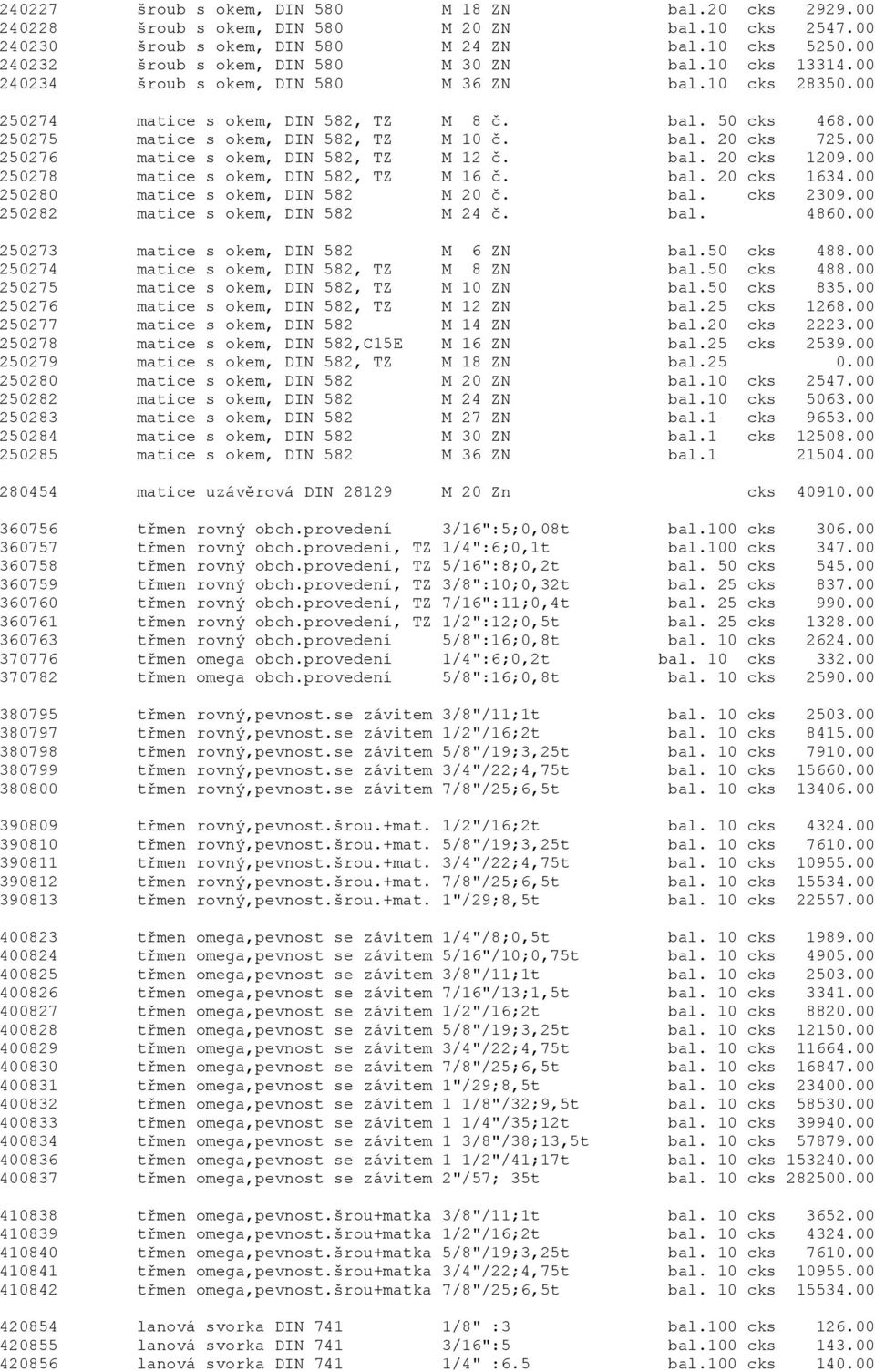 00 250275 matice s okem, DIN 582, TZ M 10 è. bal. 20 cks 725.00 250276 matice s okem, DIN 582, TZ M 12 è. bal. 20 cks 1209.00 250278 matice s okem, DIN 582, TZ M 16 è. bal. 20 cks 1634.