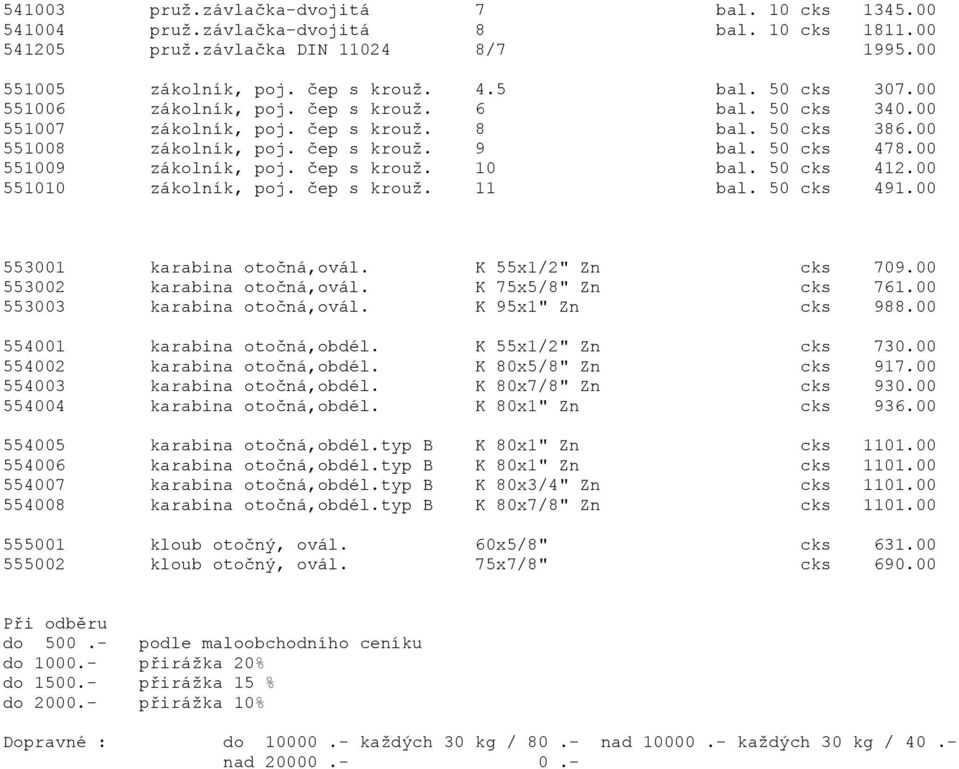 èep s krouž. 10 bal. 50 cks 412.00 551010 zákolník, poj. èep s krouž. 11 bal. 50 cks 491.00 553001 karabina otoèná,ovál. K 55x1/2" Zn cks 709.00 553002 karabina otoèná,ovál. K 75x5/8" Zn cks 761.