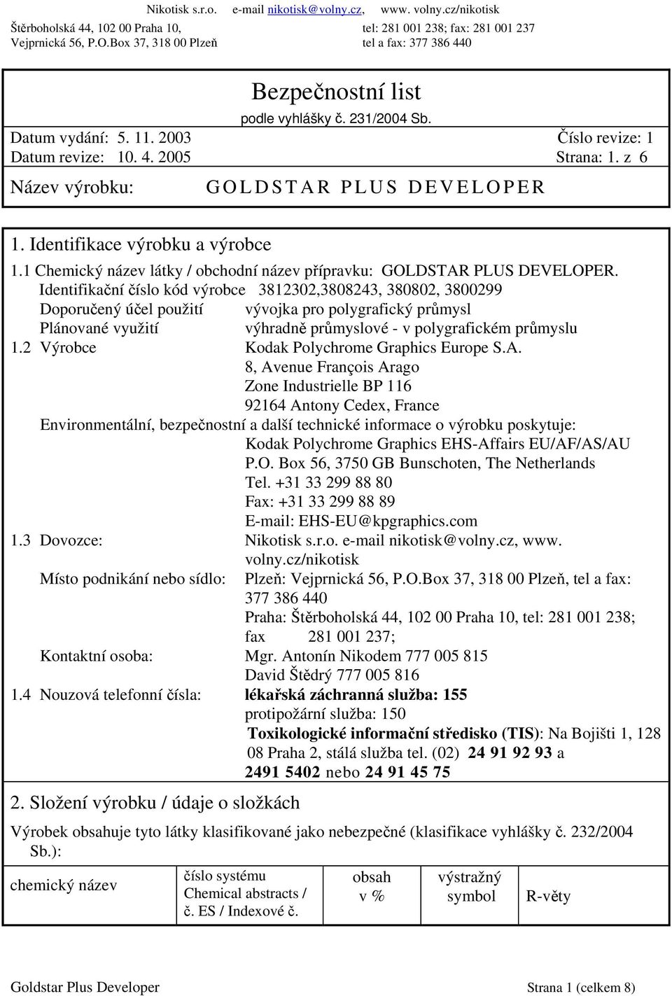 Identifikační číslo kód výrobce 3812302,3808243, 380802, 3800299 Doporučený účel použití vývojka pro polygrafický průmysl Plánované využití výhradně průmyslové - v polygrafickém průmyslu 1.