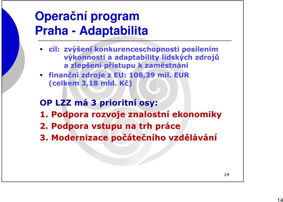 zdroje z EU: 108,39 mil. EUR (celkem 3,18 mld. Kč) OP LZZ má 3 prioritní osy: 1.