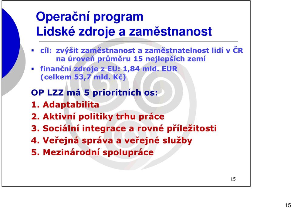 Kč) OP LZZ má 5 prioritních os: 1. Adaptabilita 2. Aktivní politiky trhu práce 3.