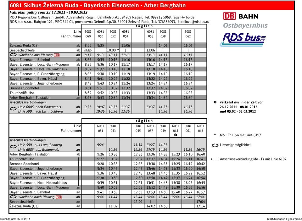 cz t ä g l i c h 601 601 601 601 601 601 601 Fahrtnummer 060 050 052 054 056 05 062 Železná Ruda (CZ) ab :25 9:25 :06 14:06 :06 Seebachschleife ab (:25) :00 ** :06 Waldbahn aus Plattling an : 9: : :