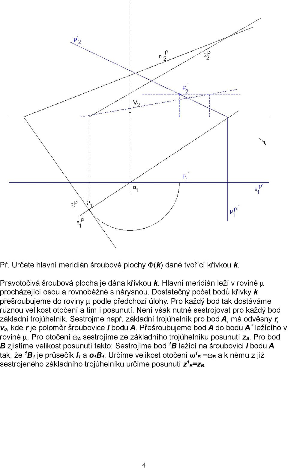 Není však nutné sestrojovat pro každý bod základní trojúhelník. Sestrojme např. základní trojúhelník pro bod A, má odvěsny r, v0, kde r je poloměr šroubovice l bodu A.