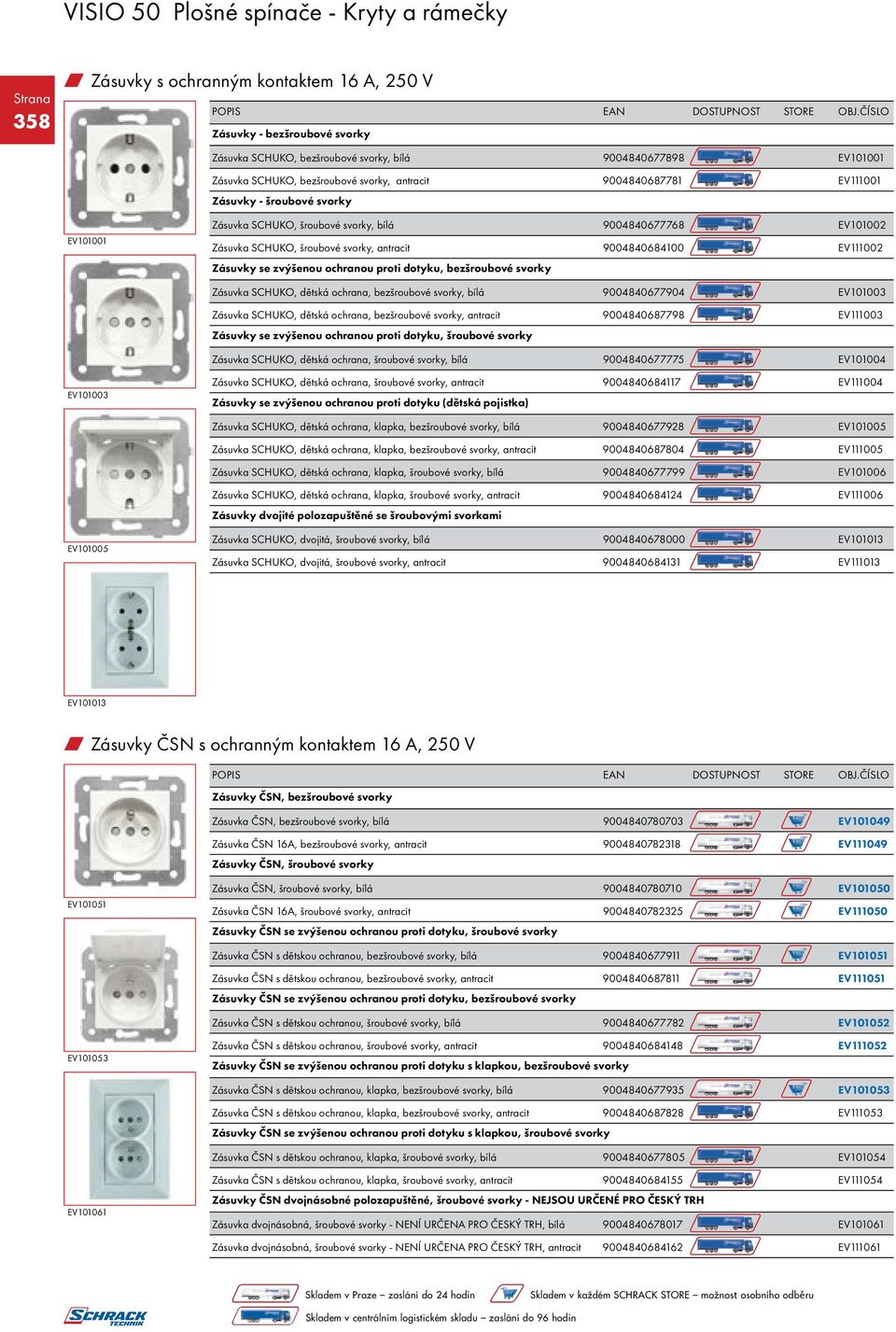 9004840684100 EV111002 Zásuvky se zvýšenou ochranou proti dotyku, bezšroubové svorky Zásuvka SCHUKO, dětská ochrana, bezšroubové svorky, bílá 9004840677904 EV101003 Zásuvka SCHUKO, dětská ochrana,