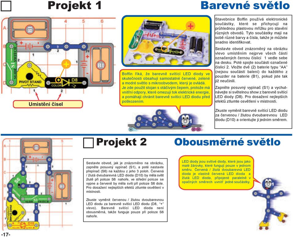 Stavebnice Boffin používá elektronické součástky, které se přichycují na průhlednou plastovou mřížku pro stavění různých obvodů.