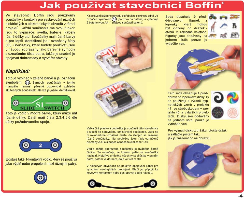 Součástky, které budete používat, jsou v návodu zobrazeny jako barevné symboly s označením čísla patra, takže je snadné je spojovat dohromady a vytvářet obvody.