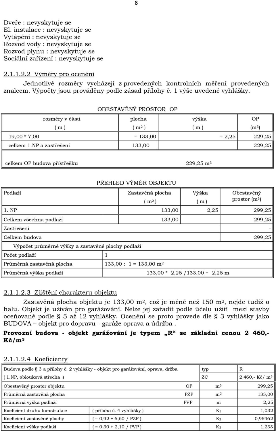 OBESTAVĚNÝ PROSTOR OP rozměry v části plocha ( m 2 ) výška OP (m 3 ) 19,00 * 7,00 = 133,00 = 2,25 229,25 celkem 1.