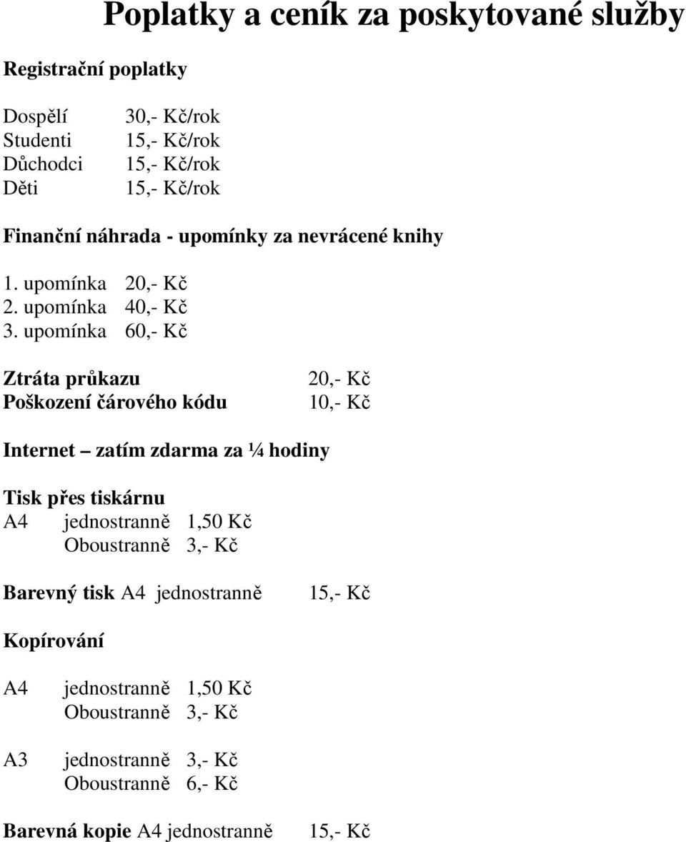 upomínka 60,- Kč Ztráta průkazu Poškození čárového kódu 20,- Kč 10,- Kč Internet zatím zdarma za ¼ hodiny Tisk přes tiskárnu A4 jednostranně