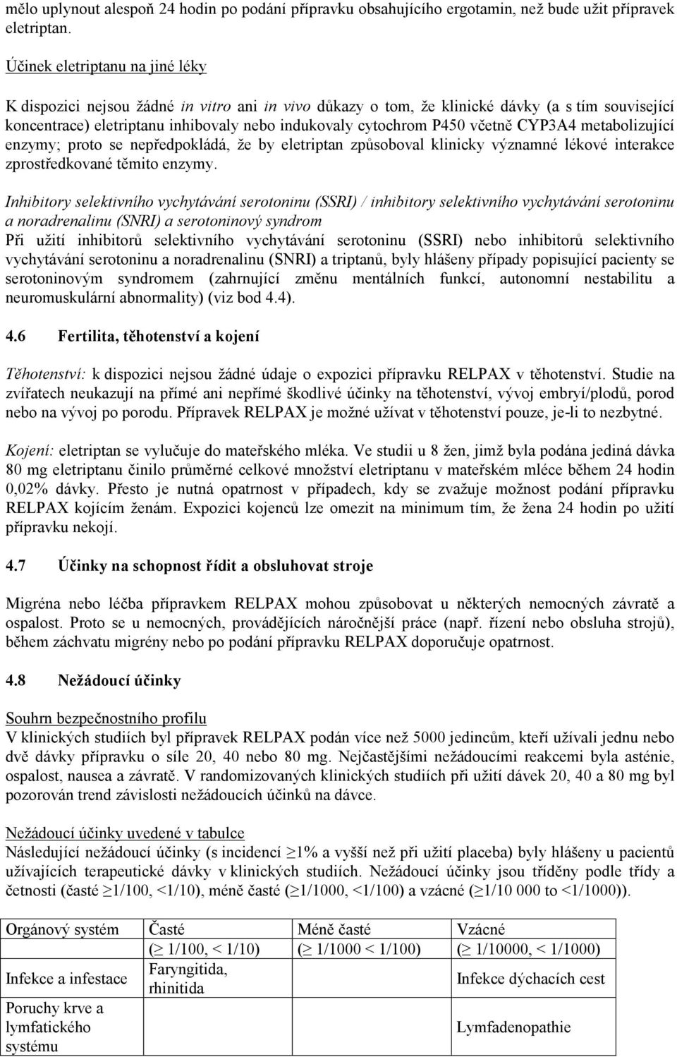 včetně CYP3A4 metabolizující enzymy; proto se nepředpokládá, že by eletriptan způsoboval klinicky významné lékové interakce zprostředkované těmito enzymy.